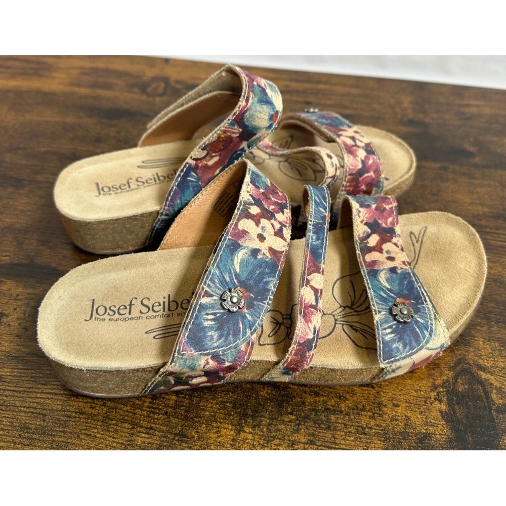 Josef Seibel Tonga 54 Floral Slide Sandals Blue Red Tan Cork Boho Size 38 7 -7.5 - Picture 6 of 12